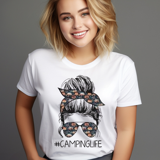 Women's Outdoor Camping Shirt with #CAMPINGLIFE graphic and patterned sunglasses and headband design